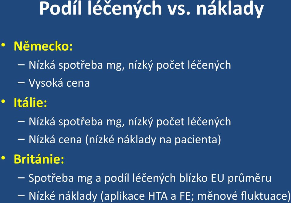 Itálie: Nízká spotřeba mg, nízký počet léčených Nízká cena (nízké