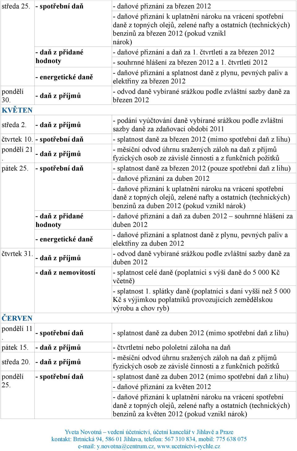 splatnost daně za březen 2012 (mimo spotřební daň z 21 pátek 25 - spotřební daň - splatnost daně za březen 2012 (pouze spotřební daň z - daňové přiznání za duben 2012 benzinů za duben 2012 (pokud