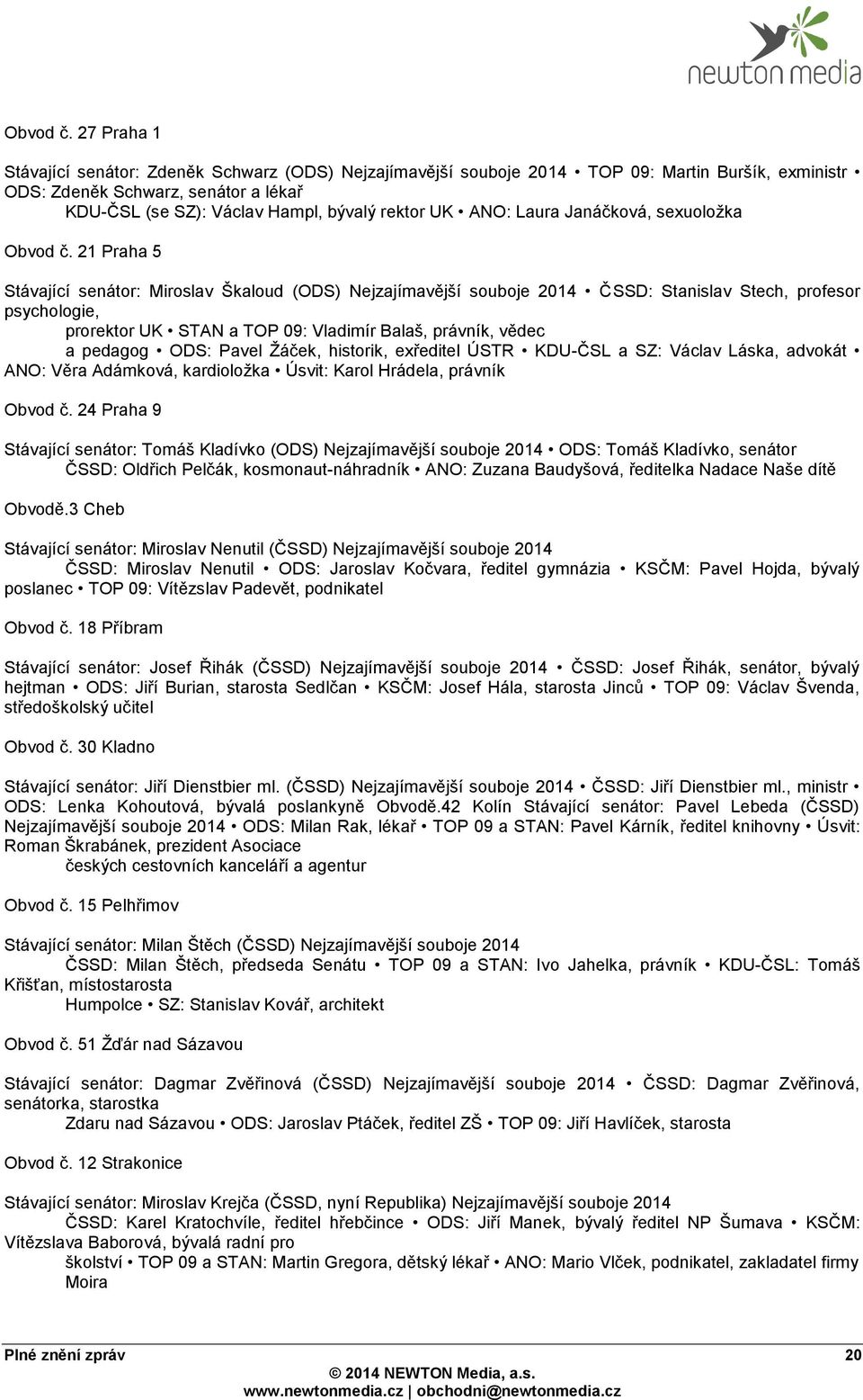 sexuoložka  21 Praha 5 Stávající senátor: Miroslav Škaloud (ODS) ČSSD: Stanislav Stech, profesor psychologie, prorektor UK STAN a TOP 09: Vladimír Balaš, právník, vědec a pedagog ODS: Pavel Žáček,