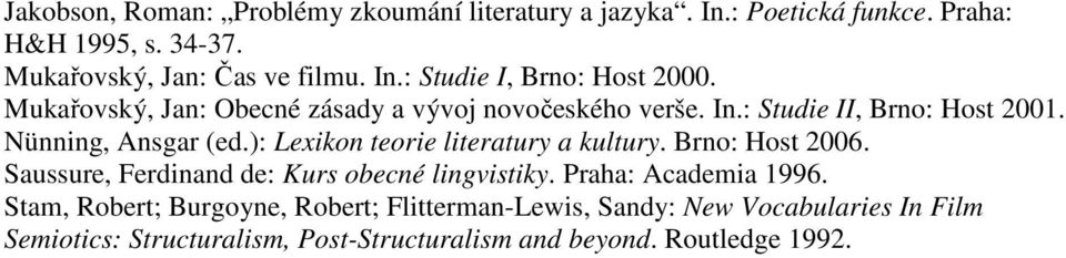 ): Lexikon teorie literatury a kultury. Brno: Host 2006. Saussure, Ferdinand de: Kurs obecné lingvistiky. Praha: Academia 1996.