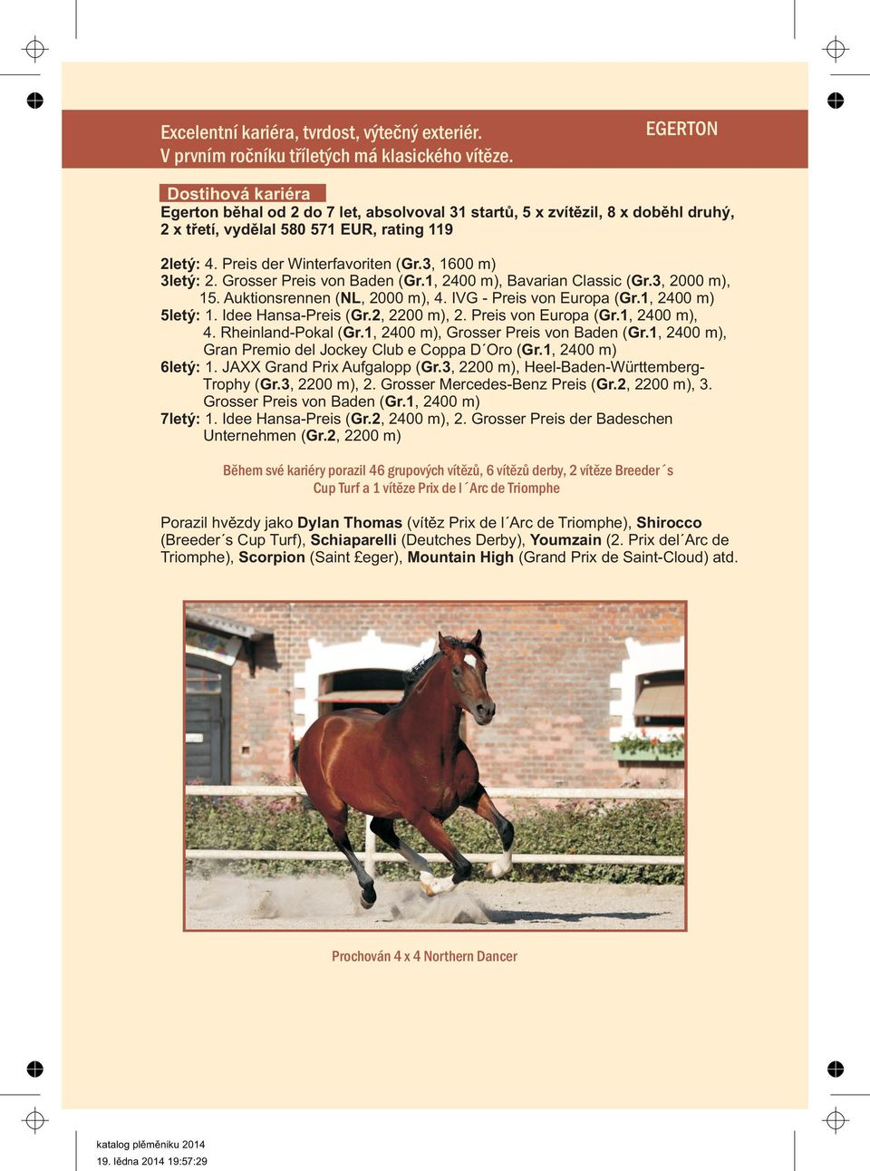 3, 1600 m) 3letý: 2. Grosser Preis von Baden (Gr.1, 2400 m), Bavarian Classic (Gr.3, 2000 m), 15. Auktionsrennen (NL, 2000 m), 4. IVG - Preis von Europa (Gr.1, 2400 m) 5letý: 1. Idee Hansa-Preis (Gr.