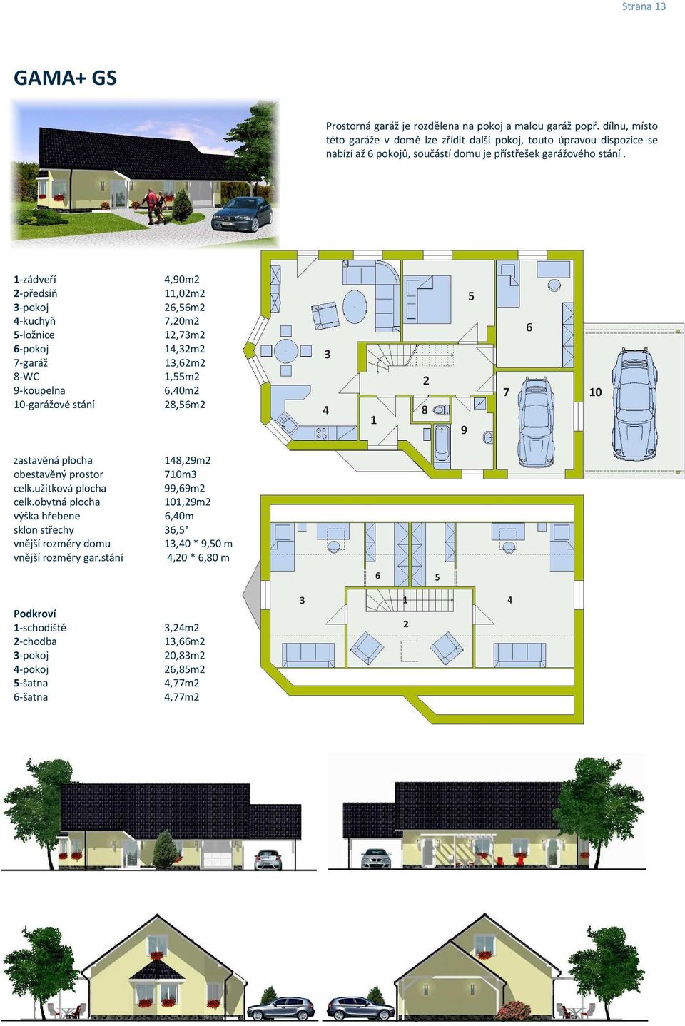 1-zádveří 4,90m2 2-předsíň 11,02m2 3-pokoj 26,56m2 4-kuchyň 7,20m2 5-ložnice 12,73m2 6-pokoj 14,32m2 7-garáž 13,62m2 8-WC 1,55m2 9-koupelna 6,40m2 10-garážové stání 28,56m2