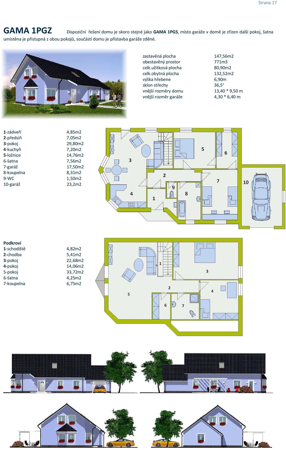 obytná plocha 132,52m2 výška hřebene 6,90m vnější rozměry domu 13,40 * 9,50 m vnější rozměr garáže 4,30 * 6,40 m 1-zádveří 4,85m2 2-předsíň 7,05m2 3-pokoj 29,80m2