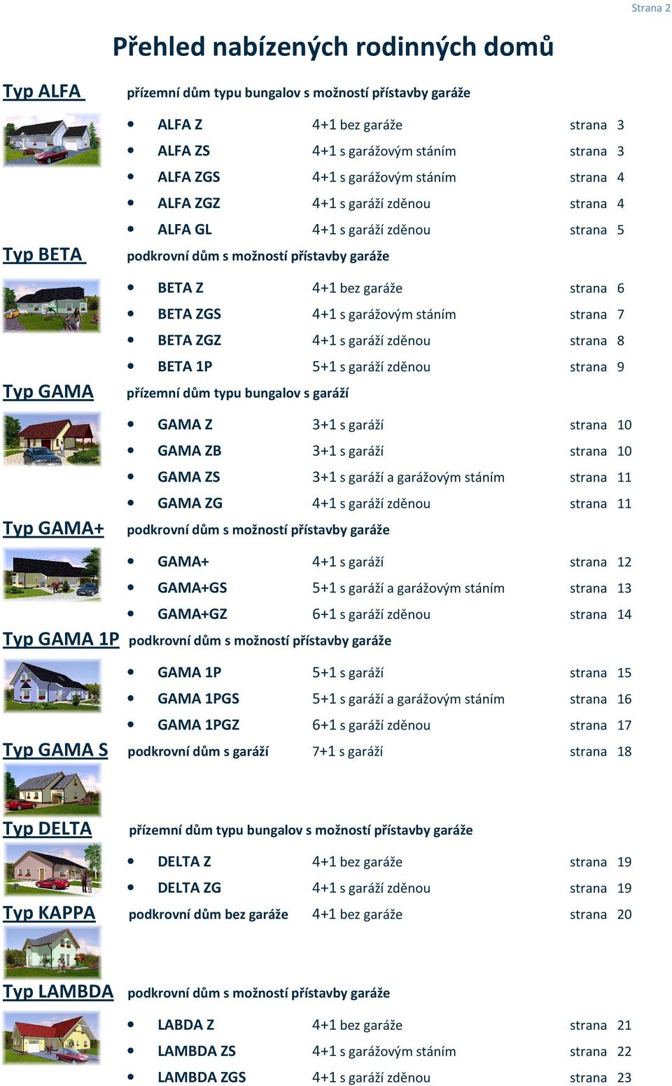 4+1 s garážovým stáním strana 7 BETA ZGZ 4+1 s garáží zděnou strana 8 BETA 1P 5+1 s garáží zděnou strana 9 přízemní dům typu bungalov s garáží GAMA Z 3+1 s garáží strana 10 GAMA ZB 3+1 s garáží