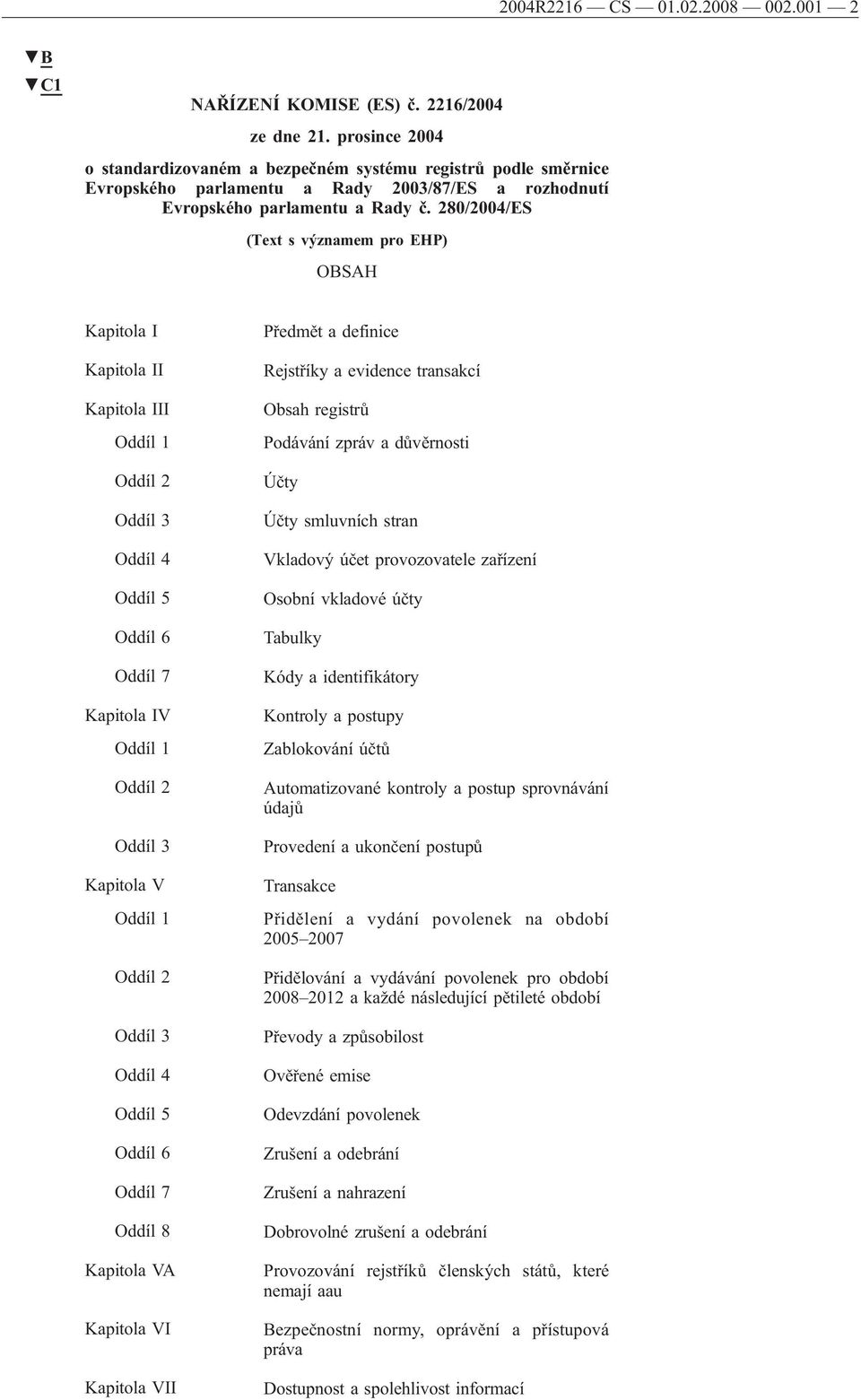 280/2004/ES (Text s významem pro EHP) OBSAH Kapitola I Kapitola II Kapitola III Oddíl 1 Oddíl 2 Oddíl 3 Oddíl 4 Oddíl 5 Oddíl 6 Oddíl 7 Kapitola IV Oddíl 1 Oddíl 2 Oddíl 3 Kapitola V Oddíl 1 Oddíl 2