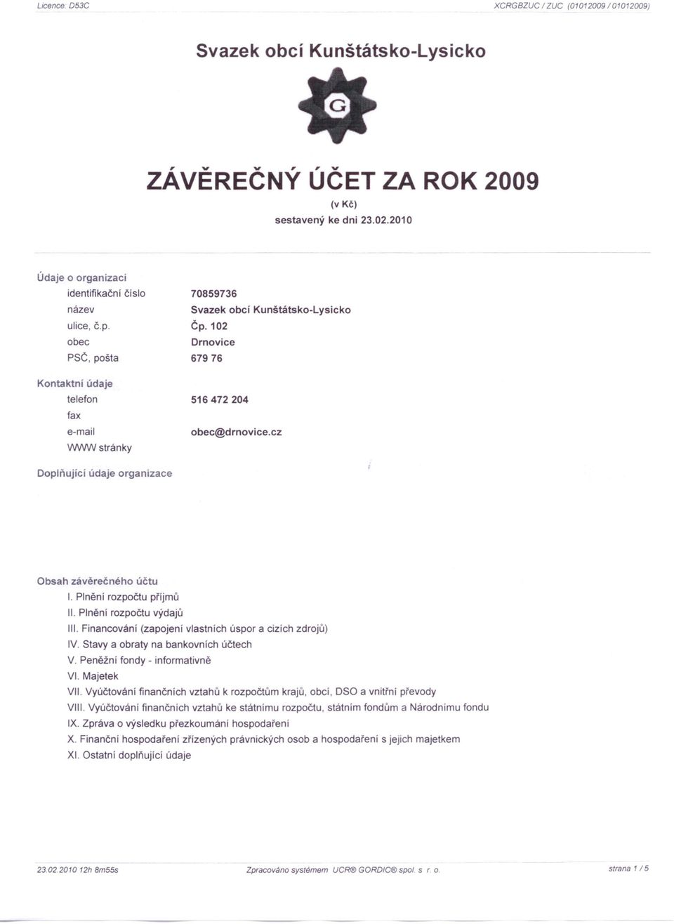 cz Doplňujíci údaje organizace Obsah závěrečného účtu I. Plněni rozpočtu příjmů II. Plnění rozpočtu výdajů III. Fínancování (zapojení vlastních úspor a cizích zdrojů) IV.