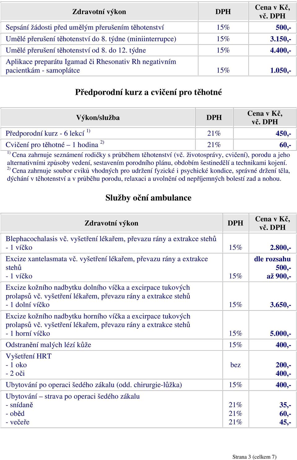 Předporodní kurz - 6 lekcí 1) 450,- Cvičení pro těhotné 1 hodina 2) 60,- 1) Cena zahrnuje seznámení rodičky s průběhem těhotenství (vč.