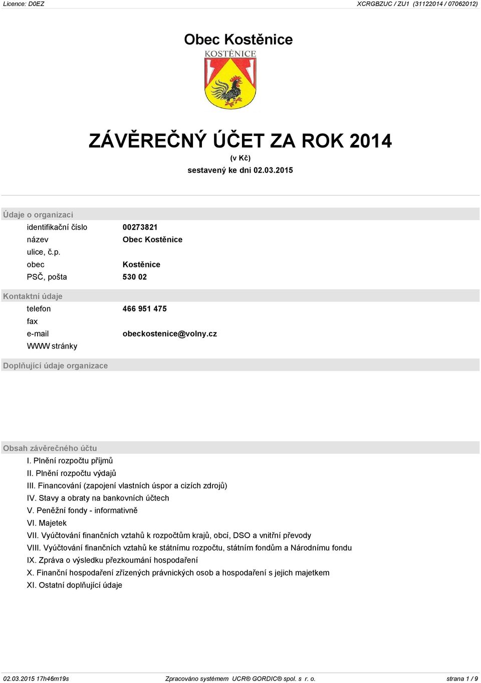 Plnění rozpočtu výdajů III. Financování (zapojení vlastních úspor a cizích zdrojů) IV. Stavy a obraty na bankovních účtech V. Peněžní fondy - informativně VI. Majetek VII.