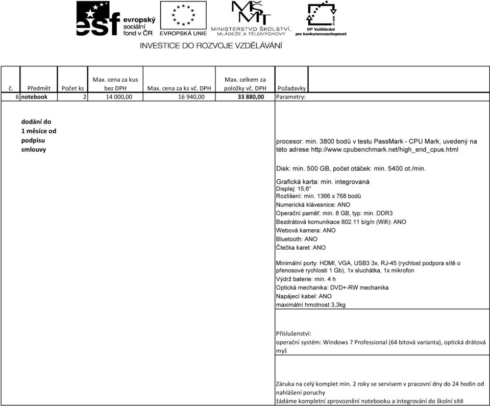 cpubenchmark.net/high_end_cpus.html Disk: min. 500 GB, počet otáček: min. 5400 ot./min. Grafická karta: min. integrovaná Displej: 15,6" Rozlišení: min.