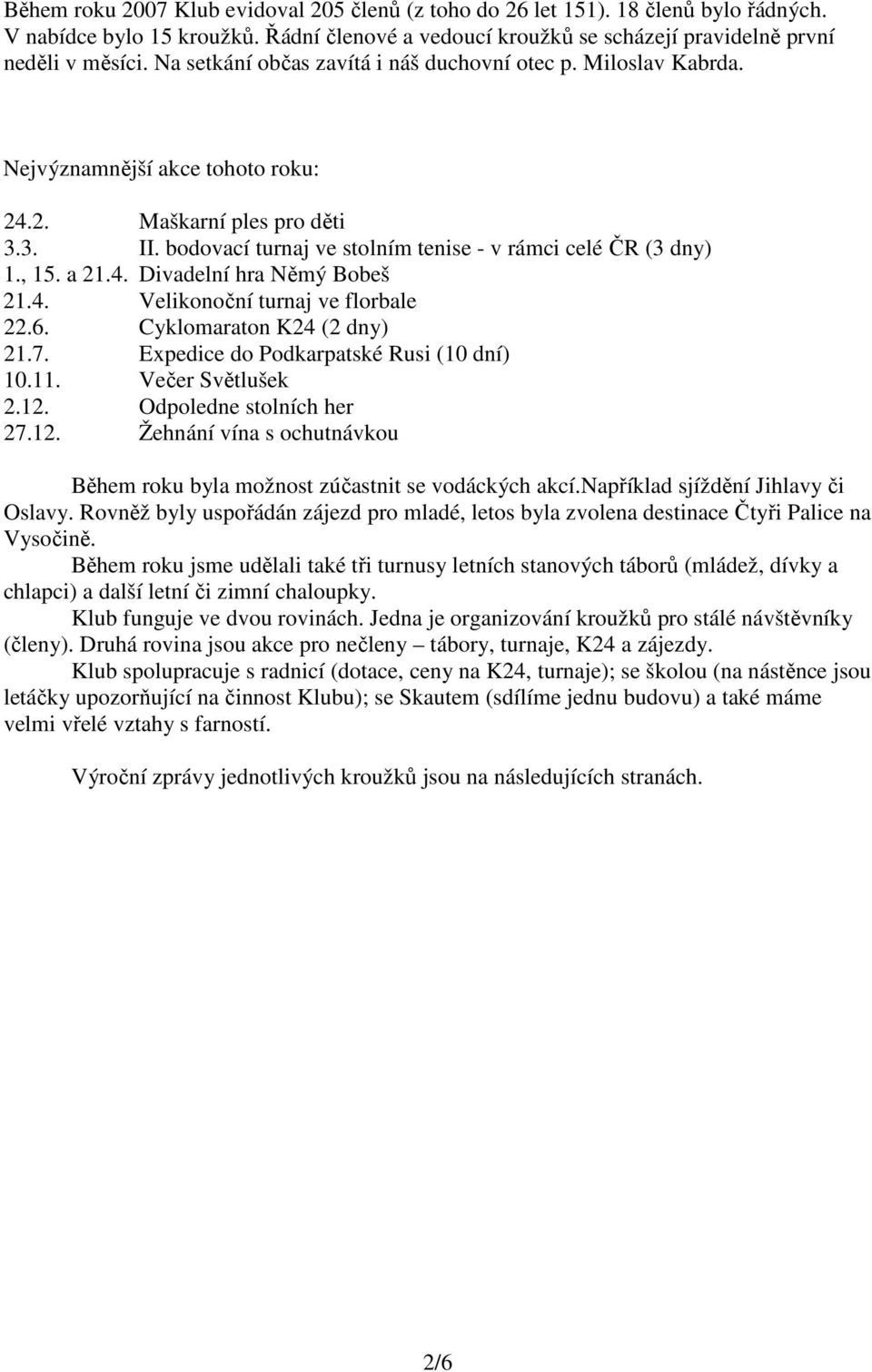 , 15. a 21.4. Divadelní hra Němý Bobeš 21.4. Velikonoční turnaj ve florbale 22.6. Cyklomaraton K24 (2 dny) 21.7. Expedice do Podkarpatské Rusi (10 dní) 10.11. Večer Světlušek 2.12.