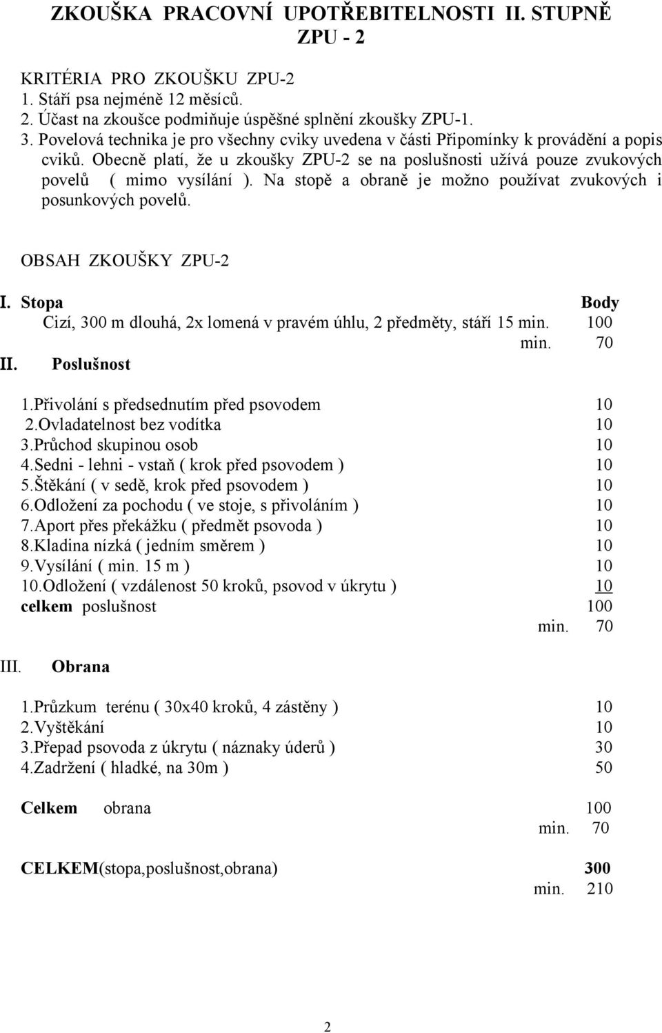 Na stopě a obraně je možno používat zvukových i posunkových povelů. OBSAH ZKOUŠKY ZPU-2 Ι. Stopa Body Cizí, 300 m dlouhá, 2x lomená v pravém úhlu, 2 předměty, stáří 15 min. 100 min. 70 ΙΙ.