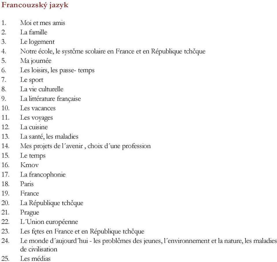 Mes projets de l avenir, choix d une profession 15. Le temps 16. Krnov 17. La francophonie 18. Paris 19. France 20. La République tchčque 21. Prague 22.