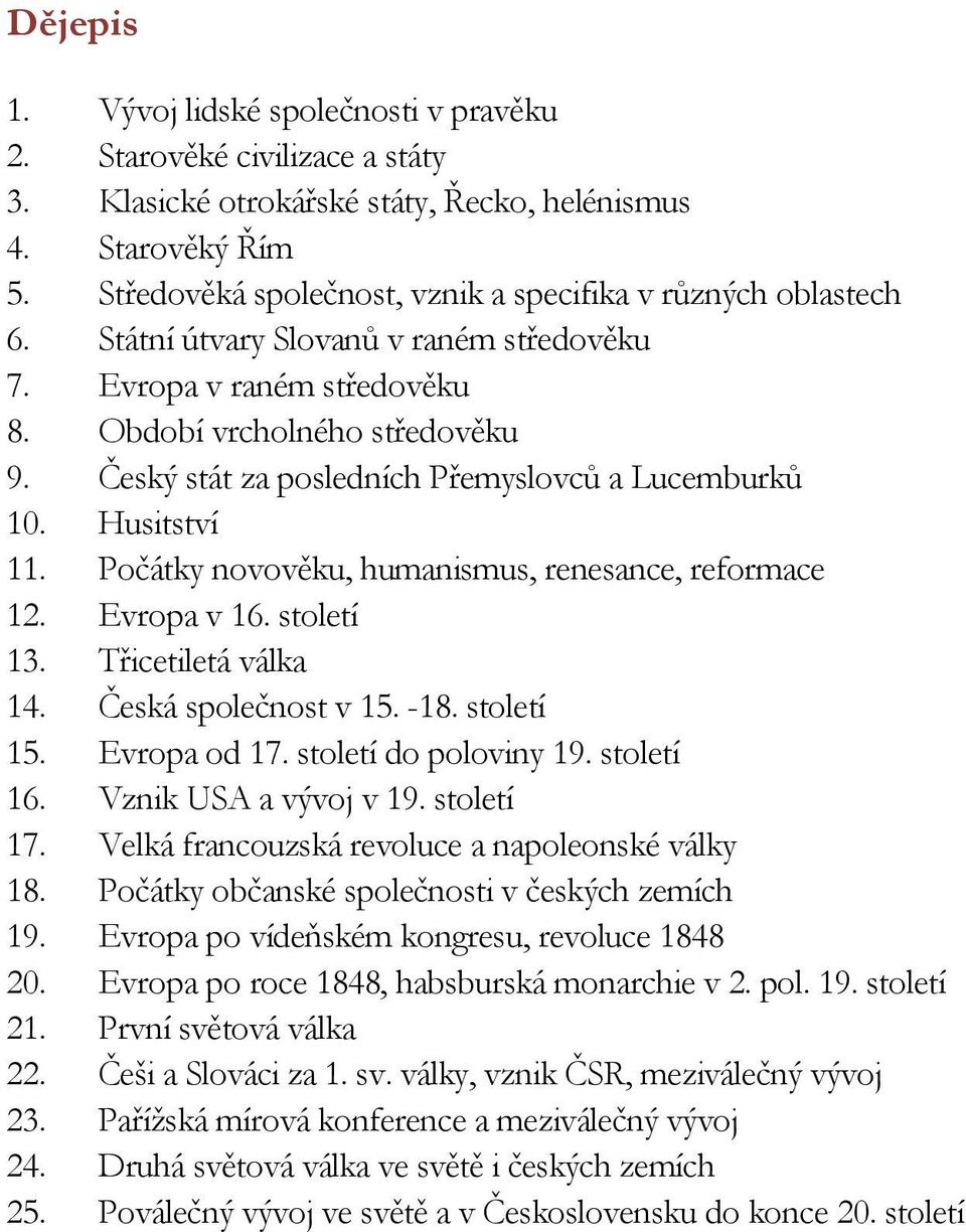 Český stát za posledních Přemyslovců a Lucemburků 10. Husitství 11. Počátky novověku, humanismus, renesance, reformace 12. Evropa v 16. století 13. Třicetiletá válka 14. Česká společnost v 15. -18.