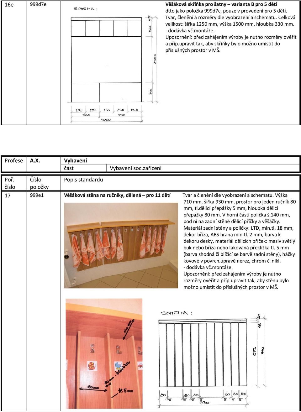upravit tak, aby skříňky bylo možno umístit do příslušných prostor v MŠ. Profese A.X. Poř. číslo Číslo položky Vybavení část Popis standardu Vybavení soc.