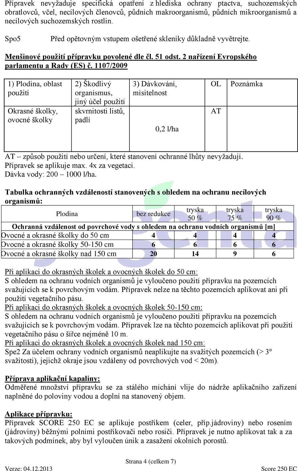 1107/2009 1) Plodina, oblast použití Okrasné školky, ovocné školky 2) Škodlivý organismus, jiný účel použití skvrnitosti listů, padlí 3) Dávkování, mísitelnost 0,2 l/ha OL AT AT způsob použití nebo