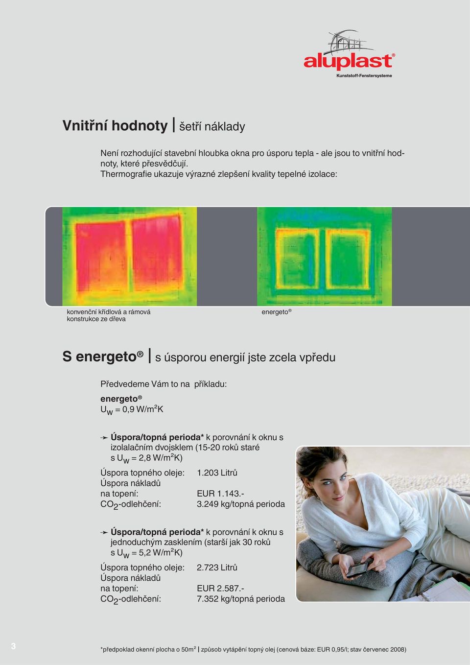 energeto U w = 0,9 W/m²K Úspora/topná perioda* k porovnání k oknu s izolalačním dvojsklem (15-20 roků staré s U w = 2,8 W/m²K) Úspora topného oleje: 1.203 Litrů Úspora nákladů na topení: EUR 1.143.