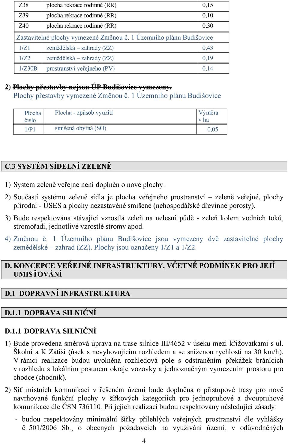 Plochy přestavby vymezené Změnou č. 1 Územního plánu Budišovice Plocha číslo Plocha - způsob využití Výměra v ha 1/P1 smíšená obytná (SO) 0,05 C.