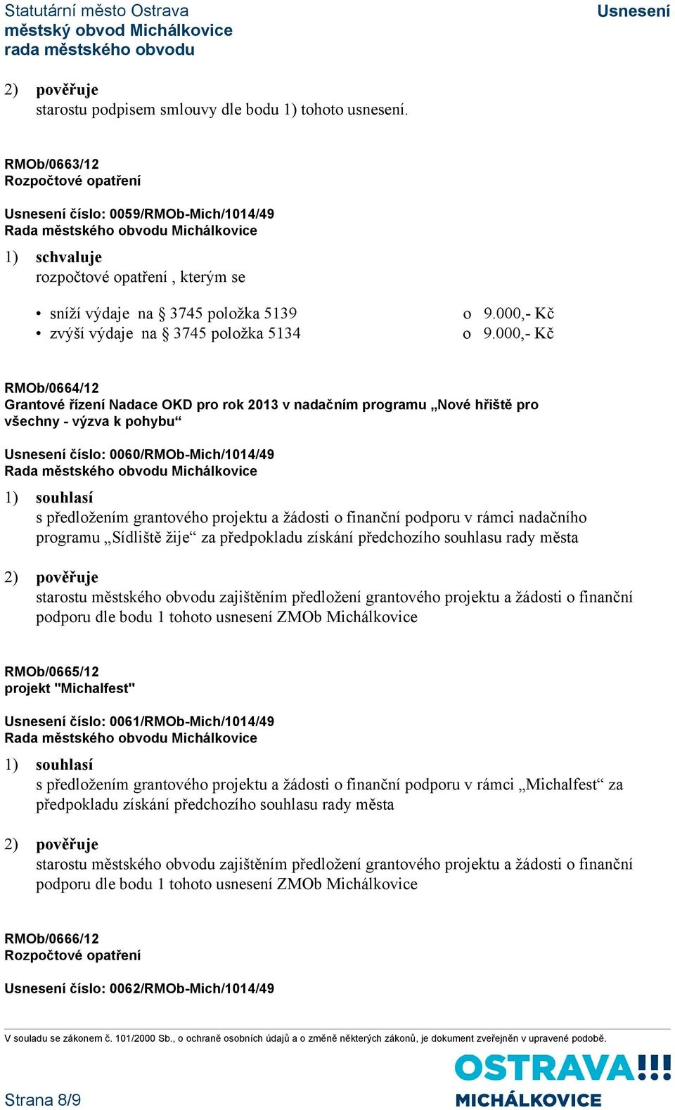 000,- Kč RMOb/0664/12 Grantové řízení Nadace OKD pro rok 2013 v nadačním programu Nové hřiště pro všechny - výzva k pohybu číslo: 0060/RMOb-Mich/1014/49 1) souhlasí s předložením grantového projektu