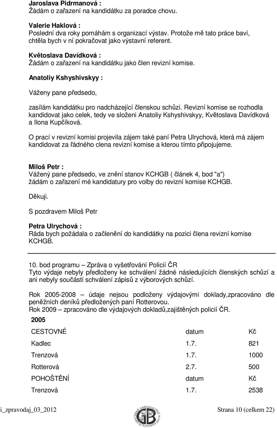 Anatoliy Kshyshivskyy : Váženy pane předsedo, zasílám kandidátku pro nadcházející členskou schůzi.
