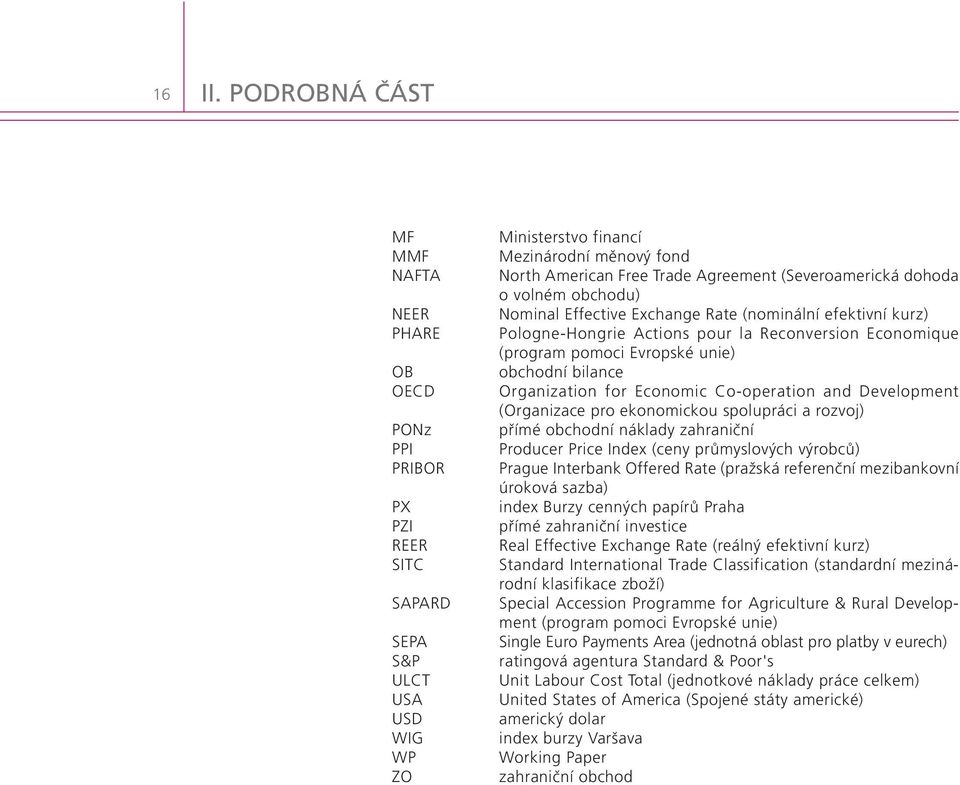 (Severoamerická dohoda o volném obchodu) Nominal Effective Exchange Rate (nominální efektivní kurz) Pologne-Hongrie Actions pour la Reconversion Economique (program pomoci Evropské unie) obchodní