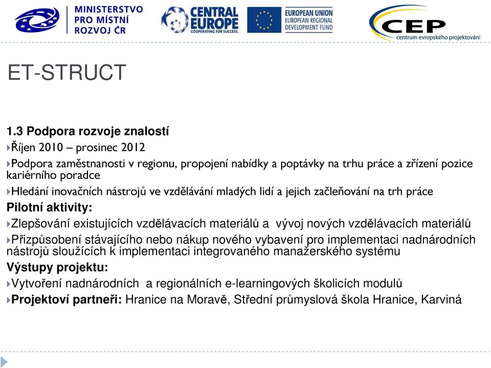 inovačních nástrojů ve vzdělávání mladých lidí a jejich začleňování na trh práce Pilotní aktivity: Zlepšování existujících vzdělávacích materiálů a vývoj nových