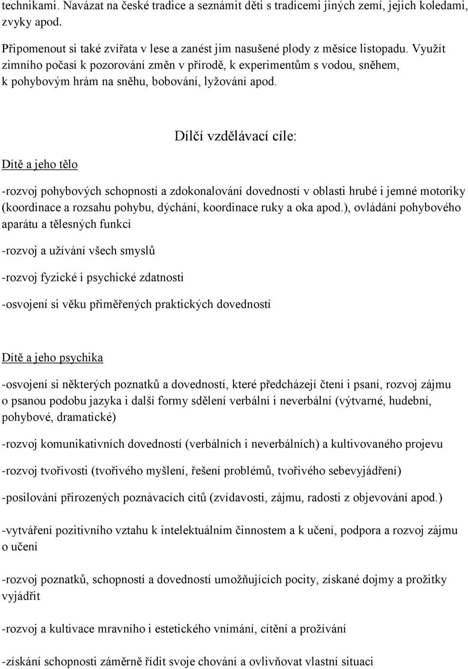 Dítě a jeho tělo Dílčí vzdělávací cíle: -rozvoj pohybových schopností a zdokonalování dovedností v oblasti hrubé i jemné motoriky (koordinace a rozsahu pohybu, dýchání, koordinace ruky a oka apod.