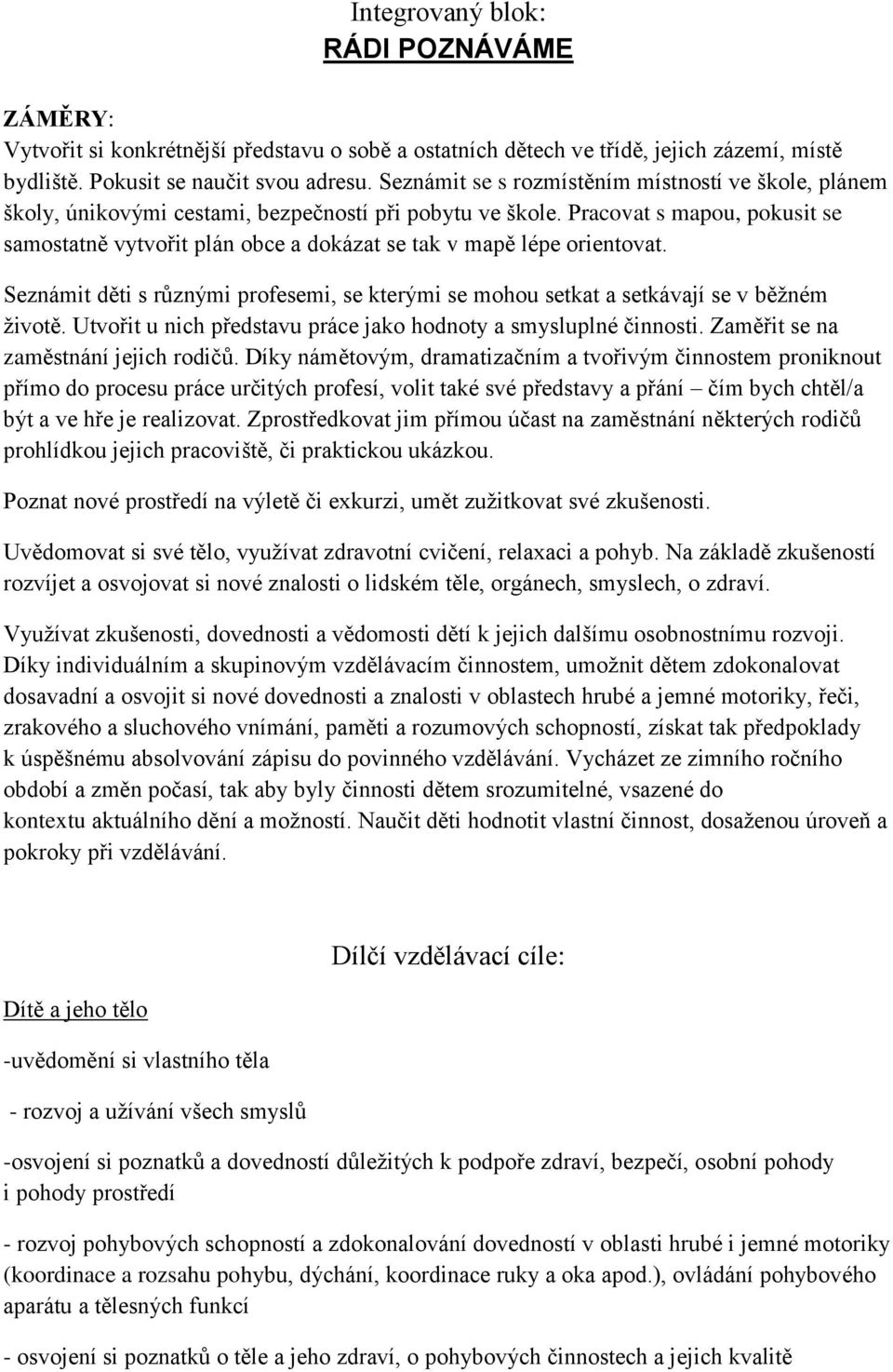 Pracovat s mapou, pokusit se samostatně vytvořit plán obce a dokázat se tak v mapě lépe orientovat. Seznámit děti s různými profesemi, se kterými se mohou setkat a setkávají se v běžném životě.