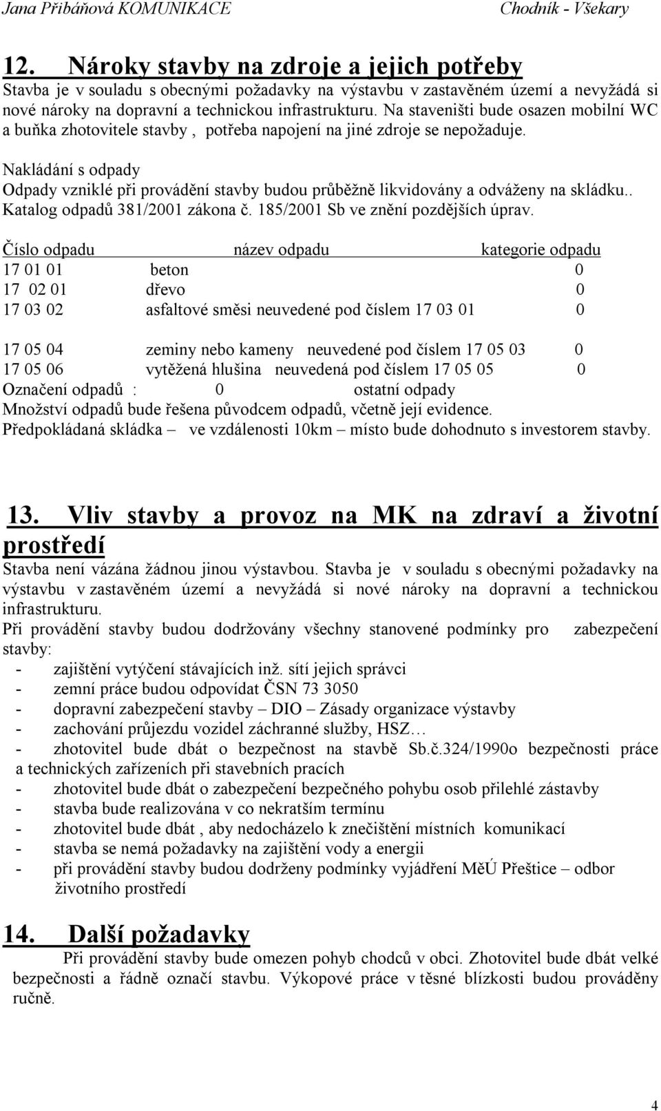 Nakládání s odpady Odpady vzniklé při provádění stavby budou průběžně likvidovány a odváženy na skládku.. Katalog odpadů 381/2001 zákona č. 185/2001 Sb ve znění pozdějších úprav.