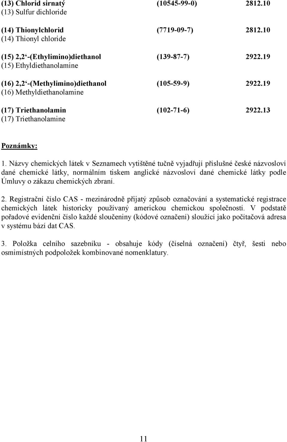 Názvy chemických látek v Seznamech vytištěné tučně vyjadřují příslušné české názvosloví dané chemické látky, normálním tiskem anglické názvosloví dané chemické látky podle Úmluvy o zákazu chemických