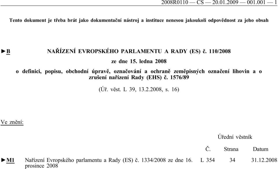 EVROPSKÉHO PARLAMENTU A RADY (ES) č. 110/2008 ze dne 15.