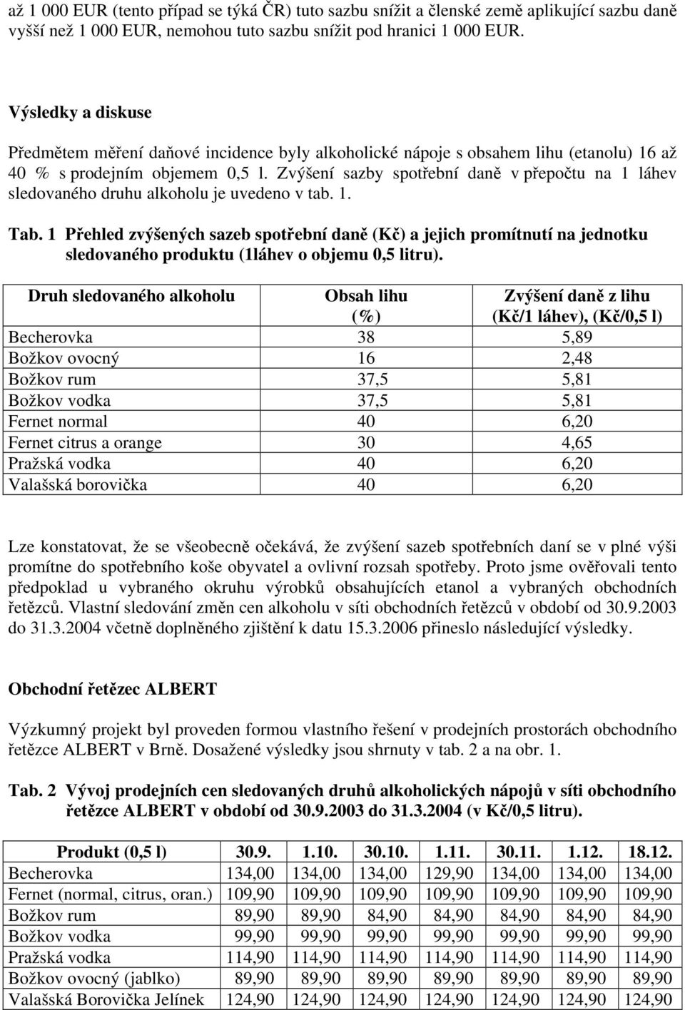 Zvýšení sazby spotřební daně v přepočtu na 1 láhev sledovaného druhu alkoholu je uvedeno v tab. 1. Tab.