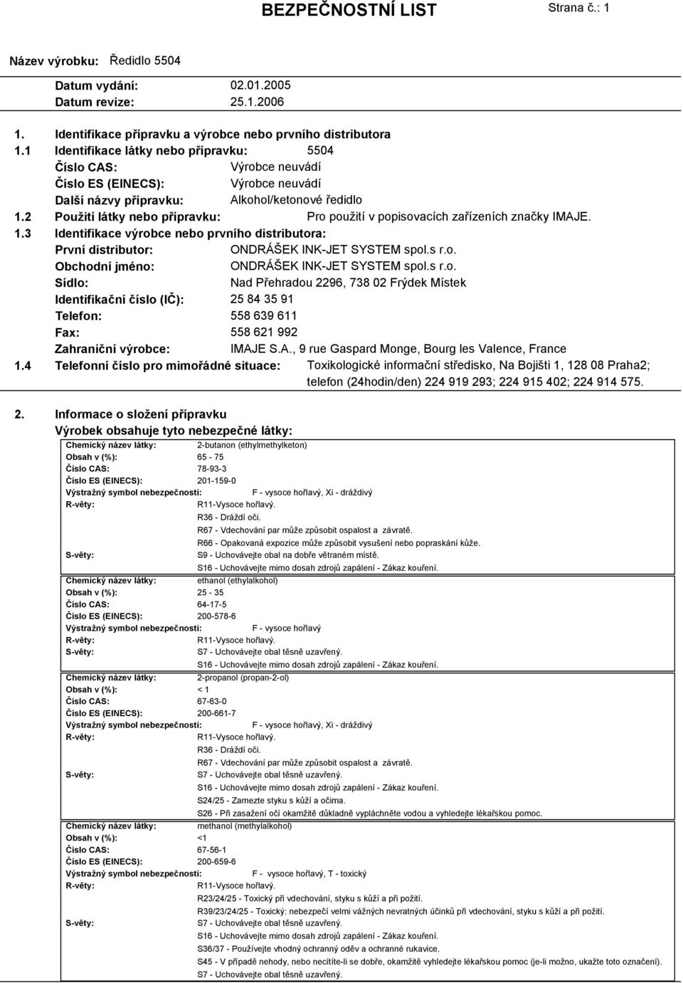 s r.o. Obchodní jméno: ONDRÁŠEK INK-JET SYSTEM spol.s r.o. Sídlo: Nad Přehradou 2296, 738 02 Frýdek Místek Identifikační číslo (IČ): 25 84 35 91 Telefon: 558 639 611 Fax: 558 621 992 Zahraniční výrobce: IMAJE S.