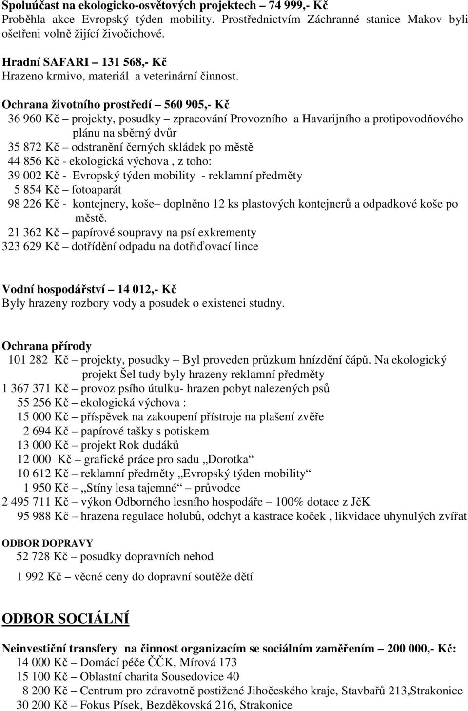 Ochrana životního prostředí 560 905,- Kč 36 960 Kč projekty, posudky zpracování Provozního a Havarijního a protipovodňového plánu na sběrný dvůr 35 872 Kč odstranění černých skládek po městě 44 856