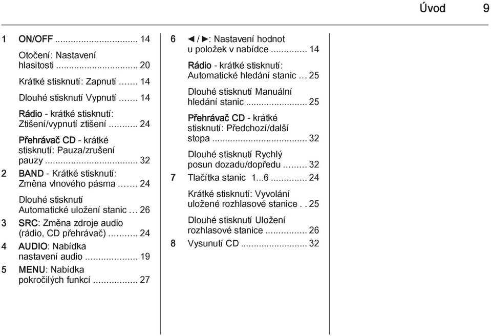 .. 26 3 SRC: Změna zdroje audio (rádio, CD přehrávač)...24 4 AUDIO: Nabídka nastavení audio... 19 5 MENU: Nabídka pokročilých funkcí... 27 6 _ / 6: Nastavení hodnot u položek v nabídce.