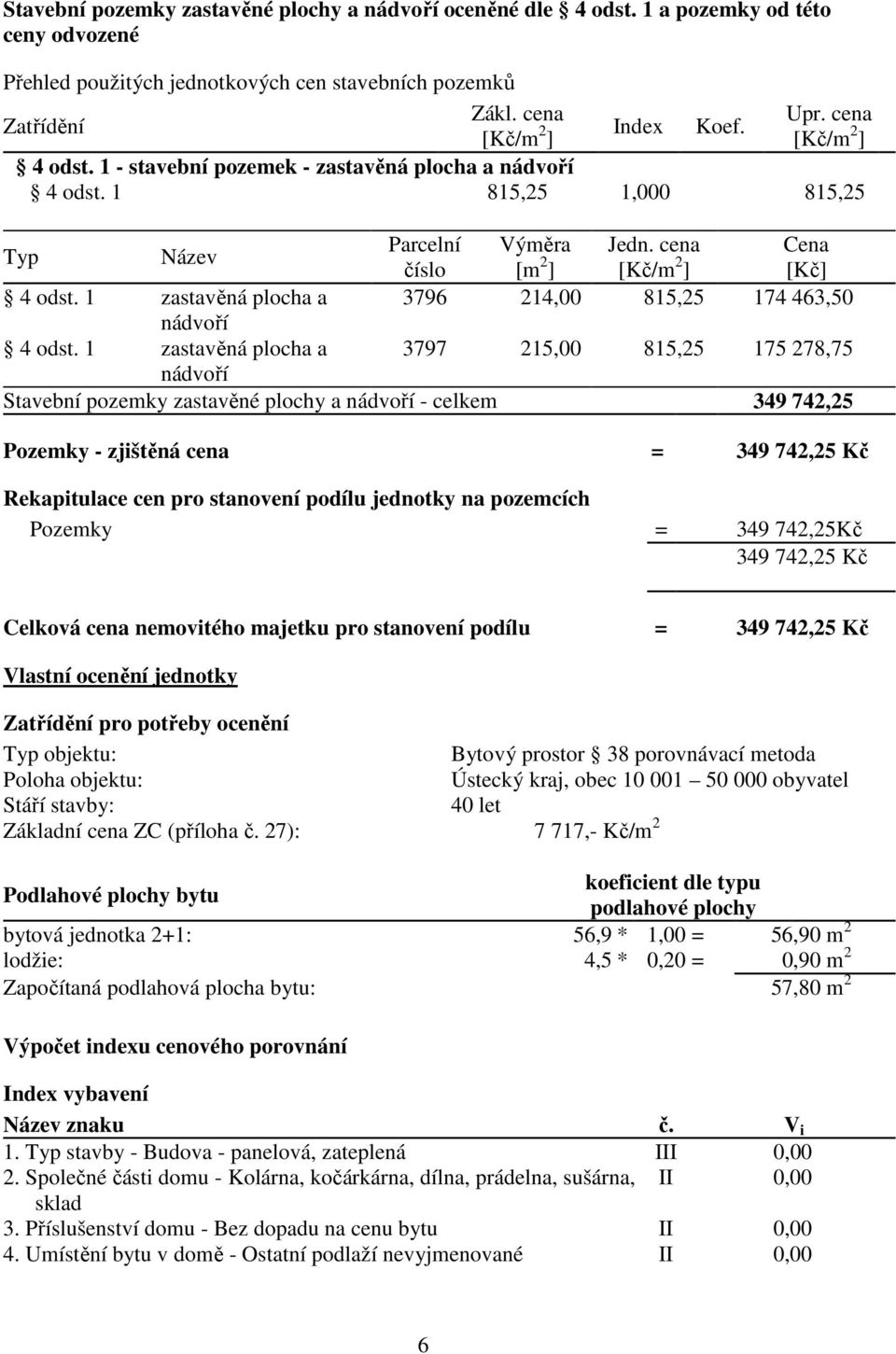 cena Cena číslo [m 2 ] [Kč/m 2 ] [Kč] 4 odst. 1 zastavěná plocha a 3796 214,00 815,25 174 463,50 nádvoří 4 odst.