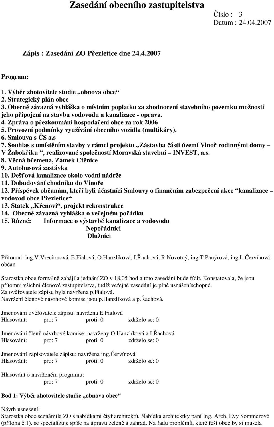 Provozní podmínky využívání obecního vozidla (multikáry). 6. Smlouva s ČS a.s 7.