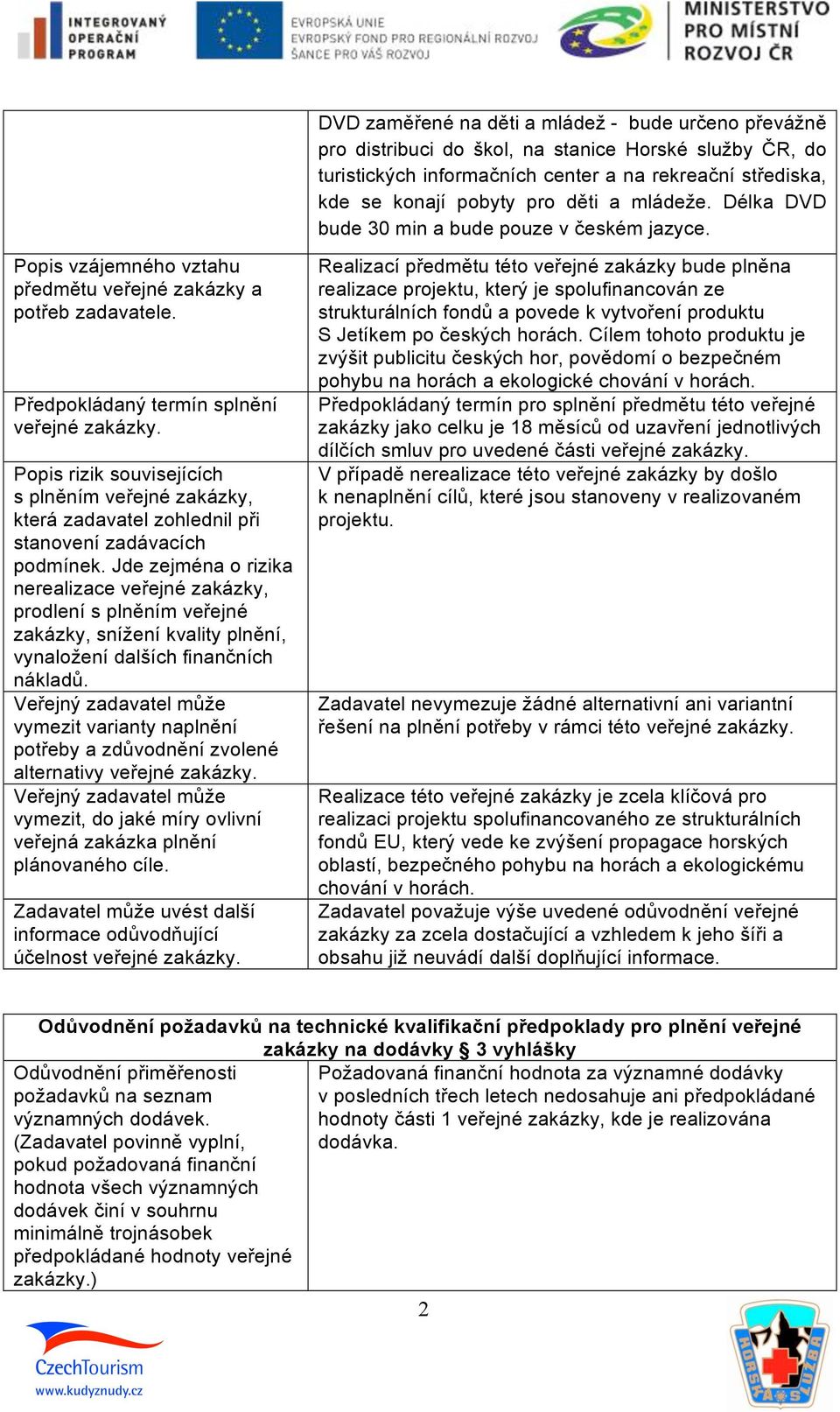 Popis rizik souvisejících s plněním veřejné zakázky, která zadavatel zohlednil při stanovení zadávacích podmínek.