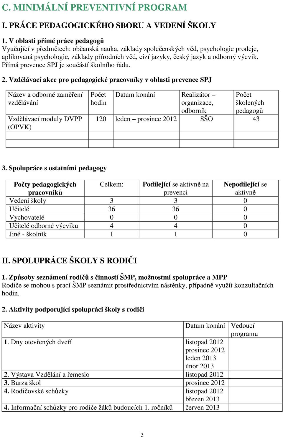 odborný výcvik. Přímá prevence SPJ je součástí školního řádu. 2.