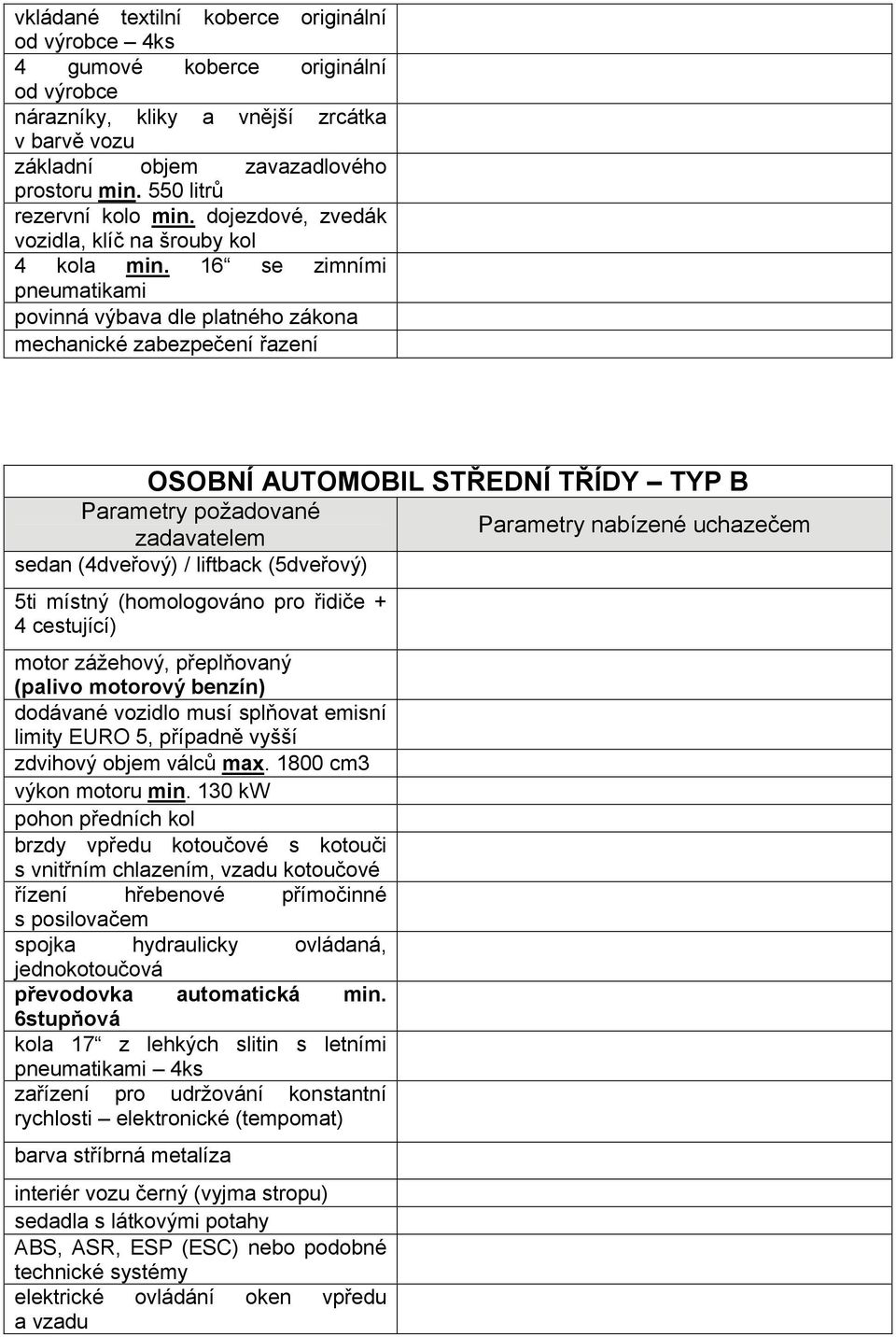 16 se zimními pneumatikami povinná výbava dle platného zákona mechanické zabezpečení řazení OSOBNÍ AUTOMOBIL STŘEDNÍ TŘÍDY TYP B Parametry požadované zadavatelem sedan (4dveřový) / liftback