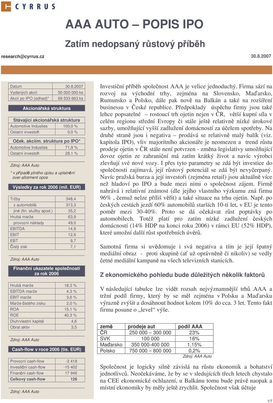 akciím. struktura po IPO* Automotive Industies 71,9 % Ostatní investo i 28,1 % * v p ípad plného úpisu a uplatn ní over-allotment opce Výsledky za rok 2006 (mil.
