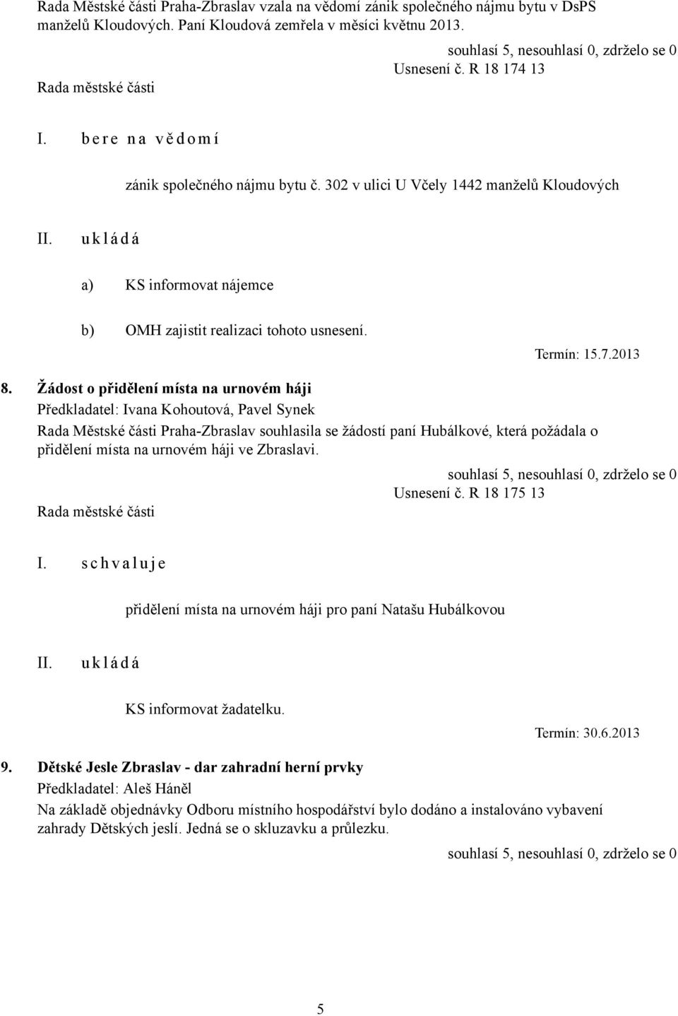 Žádost o přidělení místa na urnovém háji Předkladatel: Ivana Kohoutová, Pavel Synek Rada Městské části Praha-Zbraslav souhlasila se žádostí paní Hubálkové, která požádala o přidělení místa na urnovém