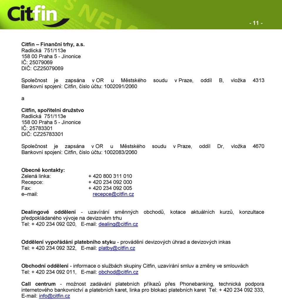 1002091/2060 a Citfin, spořitelní družstvo Radlická 751/113e 158 00 Praha 5 - Jinonice IČ: 25783301 DIČ: CZ25783301 Společnost je zapsána v OR u Městského soudu v Praze, oddíl Dr, vložka 4670
