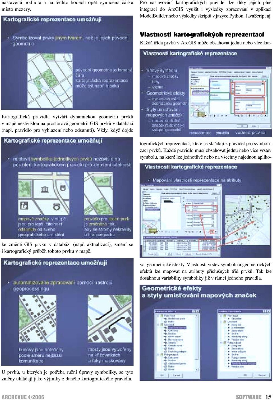 Vlastnosti kartografických reprezentací Kartografická pravidla vytváří dynamickou geometrii prvků v mapě nezávislou na prostorové geometrii GIS prvků v databázi (např.