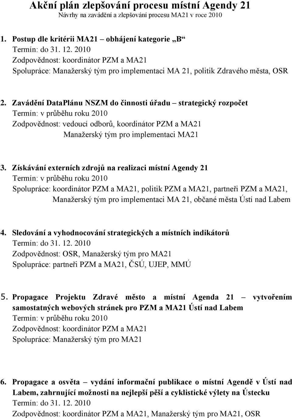 Zavádění DataPlánu NSZM do činnosti úřadu strategický rozpočet Termín: v průběhu roku 2010 Zodpovědnost: vedoucí odborů, koordinátor PZM a MA21 Manaţerský tým pro implementaci MA21 3.
