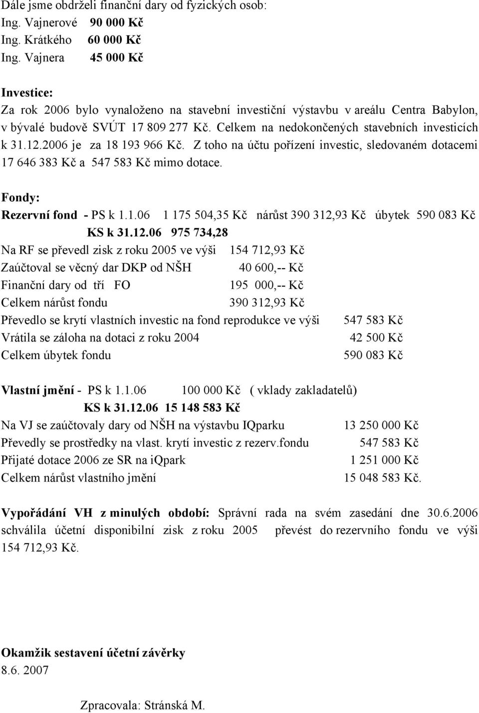 Celkem na nedokončených stavebních investicích k 31.12.2006 je za 18 193 966 Kč. Z toho na účtu pořízení investic, sledovaném dotacemi 17 646 383 Kč a 547 583 Kč mimo dotace.