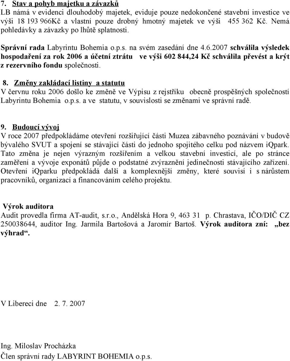 2007 schválila výsledek hospodaření za rok 2006 a účetní ztrátu ve výši 602 84