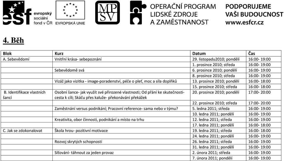 prosince 2010; pondělí 17:00-20:00 22. prosince 2010; středa 17:00-20:00 Zaměstnání versus podnikání; Pracovní reference- sama nebo v týmu? 5. ledna 2011; středa 16:00-19:00 10.