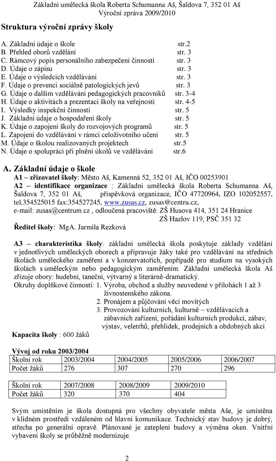 Údaje o aktivitách a prezentaci školy na veřejnosti str. 4-5 I. Výsledky inspekční činnosti str. 5 J. Základní údaje o hospodaření školy str. 5 K. Údaje o zapojení školy do rozvojových programů str.