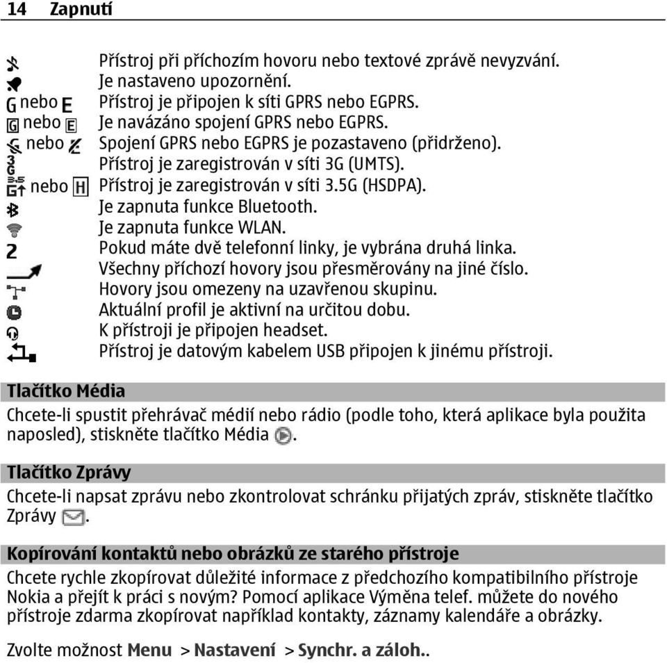 Pokud máte dvě telefonní linky, je vybrána druhá linka. Všechny příchozí hovory jsou přesměrovány na jiné číslo. Hovory jsou omezeny na uzavřenou skupinu. Aktuální profil je aktivní na určitou dobu.