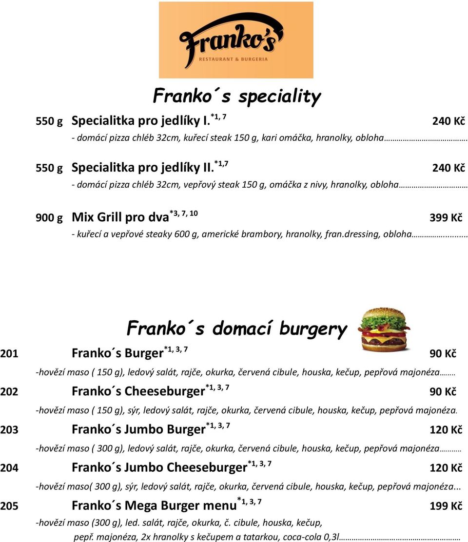 dressing, obloha... Franko s domací burgery 201 Franko s Burger *1, 3, 7 90 Kč -hovězí maso ( 150 g), ledový salát, rajče, okurka, červená cibule, houska, kečup, pepřová majonéza.